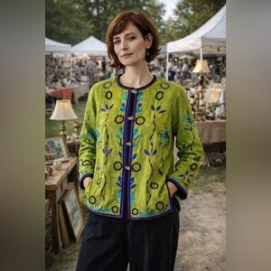 Vintage 90s Crossing Pointe Embroidered Jacket L Green Art Wear Linen